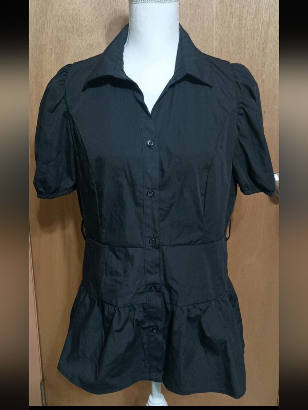 Black Button-Front Peplum Tunic Top